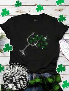 Women's Plus Size Casual Short Sleeve T-Shirt With Round Neck And Heart-Shaped Rhinestones For Valentine's Day - 2 - 查看 7
