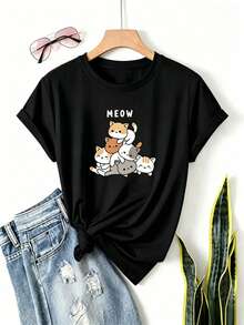 Playera de Mujer con Estampado de Gatos Lindos Kawaii y Letras Meow Manga Corta Cuello Redondo Camiseta Casual Estilo Coreano Top Juvenil de Moda - Negro - Ver 6