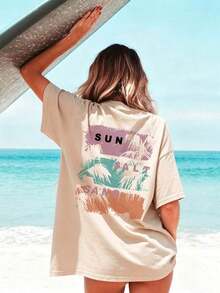 New Women's Summer T-Shirt, Minimalist, With Sunset Maple Leaf And Letter Print, Round Neck, Short Sleeve, Dark Gray, Modern And Versatile, Suitable For Casual Daily Wear And Holidays, Black - 杏子 3 - 查看 5