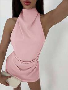 Vestido mini plisado de mujer con espalda abierta y atado - Rosa vieja - Ver 6
