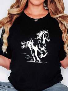 100% Cotton Women's Plus Size Black T-Shirt With White Horse Print - Stylish And Comfortable Casual Crew Neck T-Shirt, Perfect For Spring/Summer, Plus Size Blouse. - 黑色 - 查看 1