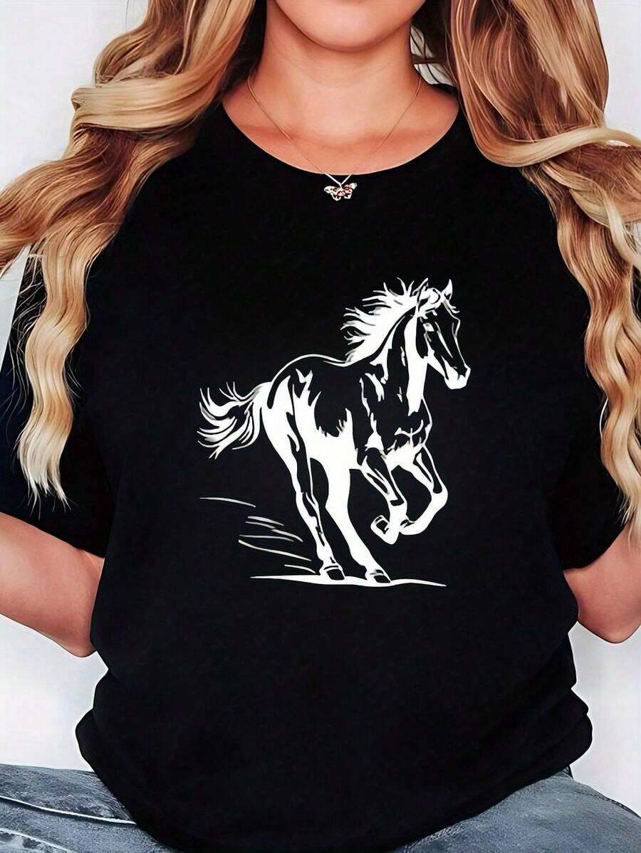 100% Cotton Women's Plus Size Black T-Shirt With White Horse Print - Stylish And Comfortable Casual Crew Neck T-Shirt, Perfect For Spring/Summer, Plus Size Blouse. - 黑色 - 查看 1