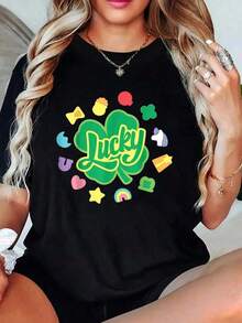 100% Cotton Women's Cotton T-Shirt, St. Patrick's Day Lucky Charm T-Shirt, Toddler T-Shirt, Cute Women's T-Shirts - 黑色 - 查看 7