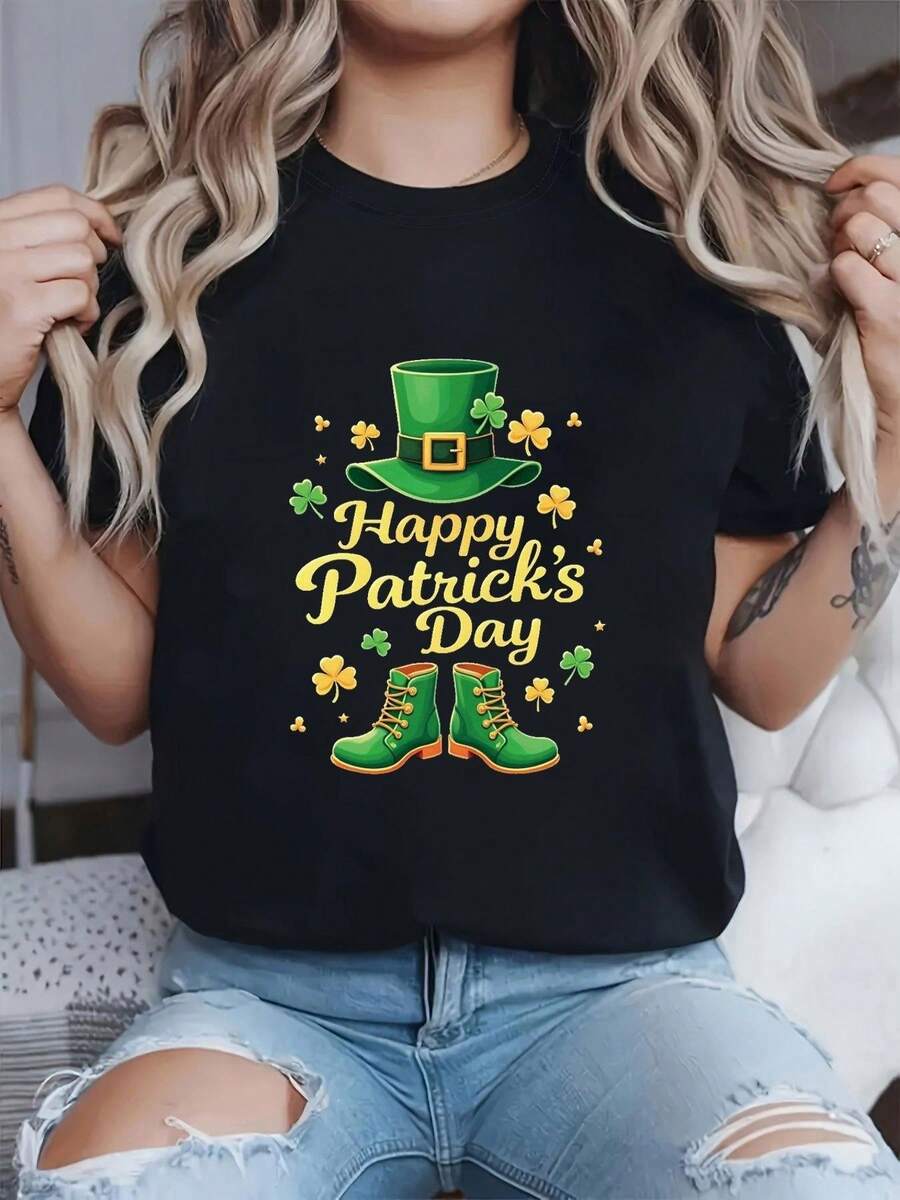 Talla Extra Grande - Camiseta de Mujer de Talla Extra Grande con Estampado Gráfico de Sombrero y Botas de Leprechaun para el Día de San Patricio, Manga Corta, Cuello Redondo, Estilo Casual para Primavera/Verano, Tejido de Elasticidad Media - Negro - Ver 1