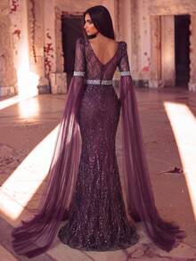 Faeriesty Vestido de noche formal y vestido de cóctel de lujo con cuello en V, extra largo, con bordado de lentejuelas - Morado - Ver 4
