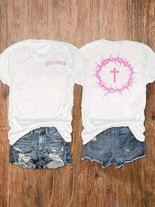 Women's Casual Loose Fit T-Shirt With Double-Sided Christian Print "Faith Over Fear", Breathable And Comfortable, Short Sleeve, Round Neck, Rose Cross And Crown Of Thorns Print, Soft Cotton, Perfect For Everyday Wear And Religious Urban Style - 白色 - 查看 7