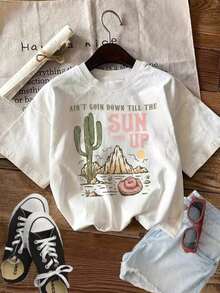 StreetKorean Women's Fashionable Casual Cactus Print Cotton T-Shirt Graphic Tee - 白色的 - 查看 1