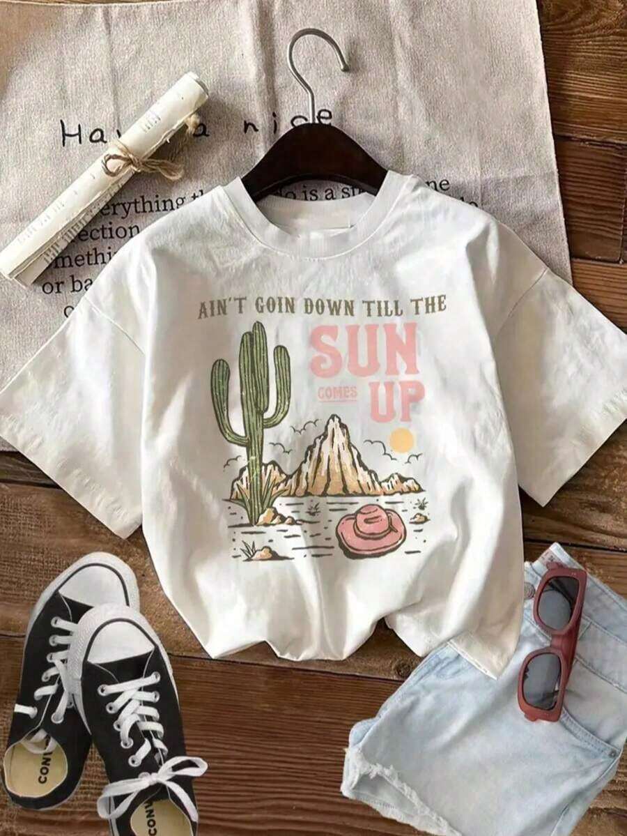 StreetKorean Women's Fashionable Casual Cactus Print Cotton T-Shirt Graphic Tee - 白色的 - 查看 1