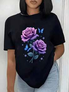 Camiseta Elegante de Manga Corta para Mujer, Color Blanco, con Estampado Floral de Rosas Moradas y Mariposas Azules - Negro - Ver 6