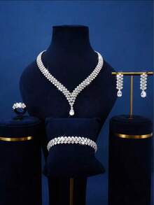 5 piezas/Set Collar, Aretes, Pulsera, Anillo Decorados con Cristales de Circonita Brillante en Forma de Gota de Agua y Rombo de Lujo Ligero para Mujer, Adecuado para Novia, Boda, Festival, Vacaciones, Uso Diario, Fiesta, Regalo, Elegante, Lujoso, Joyería de Alta Gama - Plateado - Ver 2