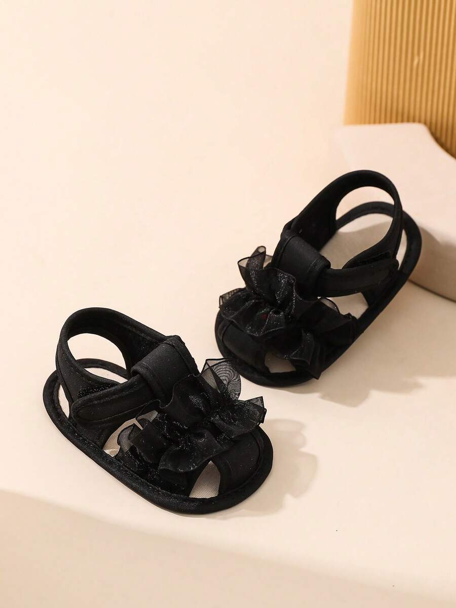 0-1 Year Old Baby Prewalker Shoes, Floral Trim Sandals - Black - View 1