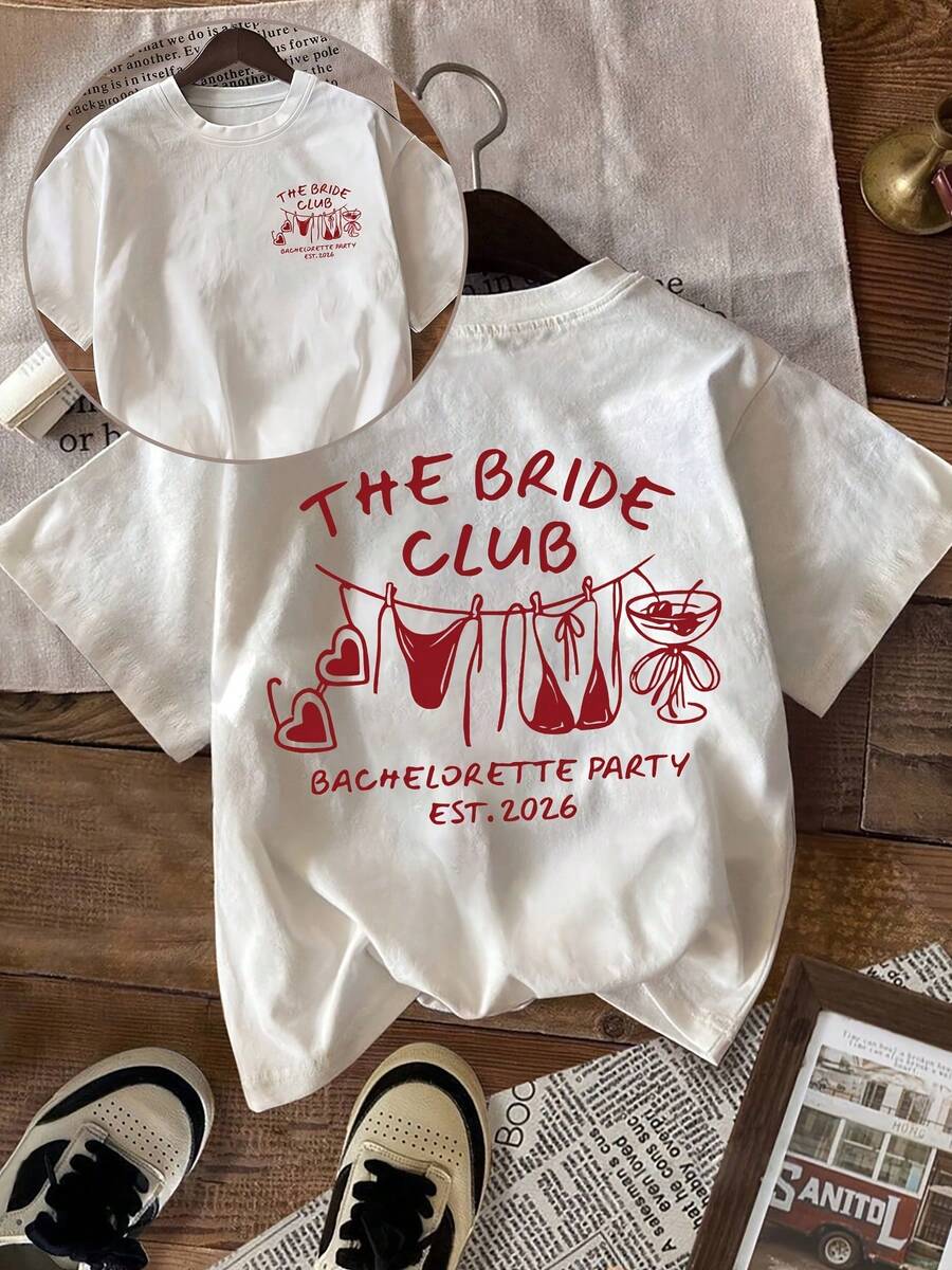Women's Bride Club Bachelorette Party Print T-Shirt, Casual Short Sleeve Crew Neck T-Shirt For Women, Suitable For Vacation And Daily Wear - Unisex Vintage Urban Style Loose Cotton Crew Neck Short Sleeve T-Shirt, Blouses For Women. Blouses.Casual Blouses For Ladies. - 白色 - 查看 1