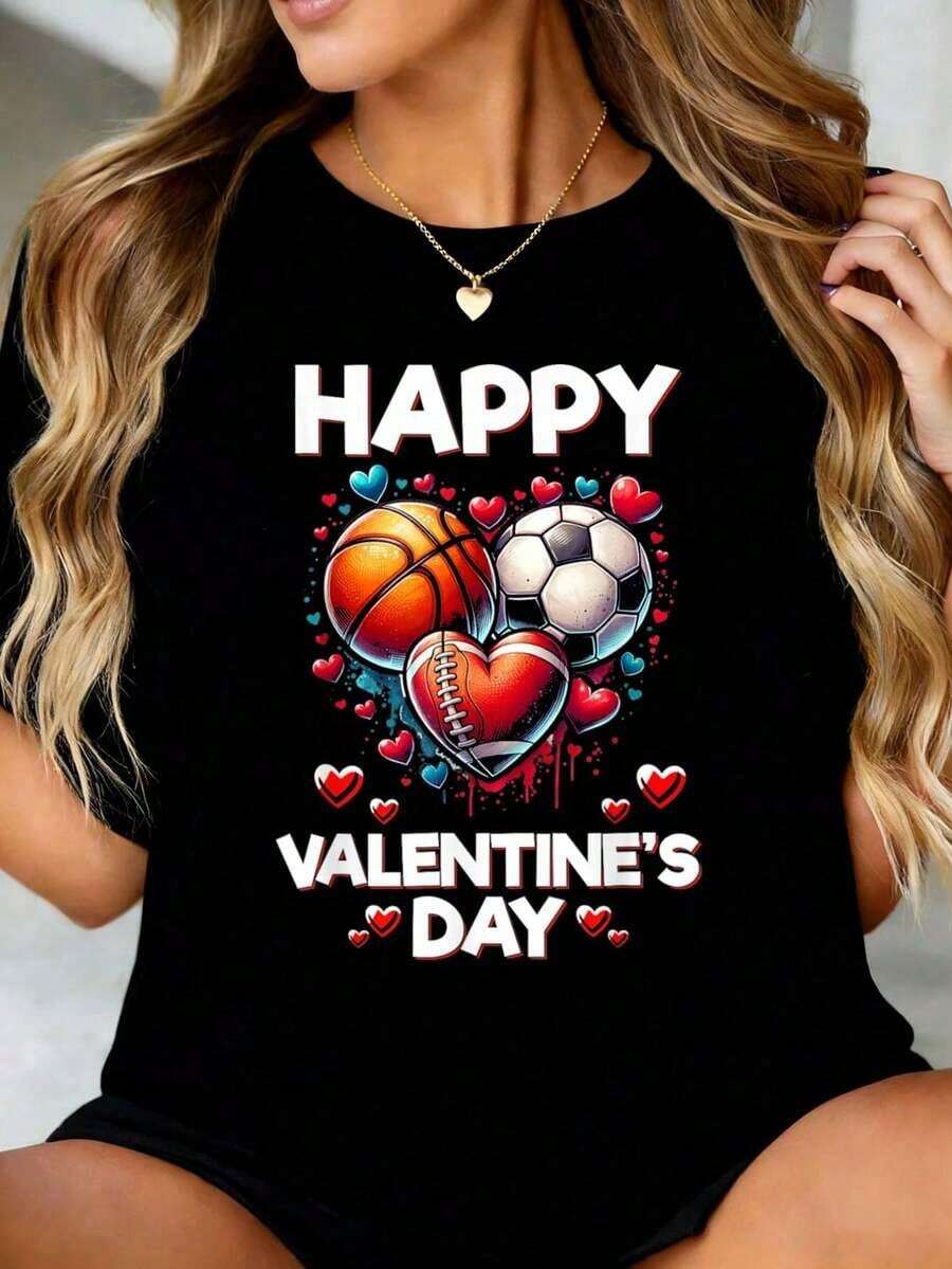 Korean Feliz día de San Valentín, baloncesto, béisbol, fútbol, camiseta para hombre, camisetas gráficas, tops de otoño para mujer, ropa de otoño para mujer, ropa de otoño para mujerGraphic Tee - Negro - Ver 1