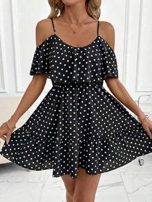 Vestido corto elegante de mujer con cuello en V, volantes, cintura y línea A, con estampado de lunares marrones y hombros descubiertos - Blanco y Negro - Ver 4