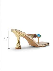 Women Fashion Gold Color Kitten Low Heel Heeled Sandals, Jeweled Slide Mule Heels,Spring Summer Outfits - 金色 - 查看 3