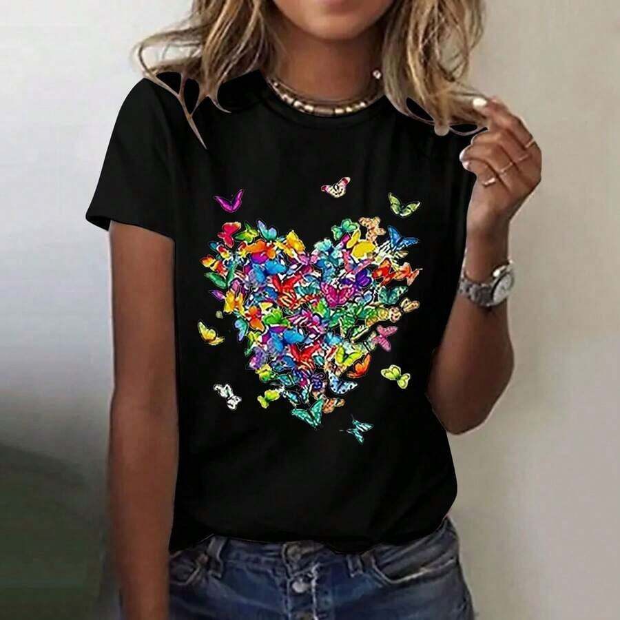 Women's Short-Sleeved T-Shirt With A Simple And Versatile Design, Black Color, With Butterfly Print, Round Neck, Fashionable Top, Light And Soft Summer Clothing, Casual, Short-Sleeved Cotton T-Shirt For Women. - 黑色 - 查看 1