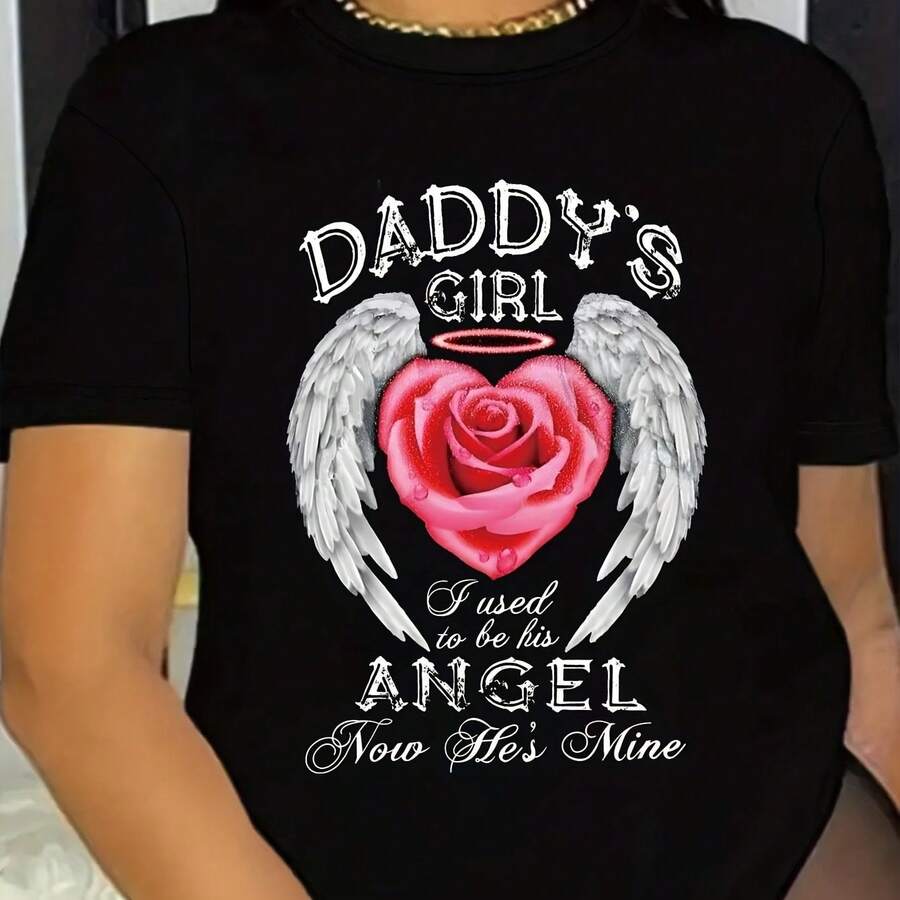 Heart Wings & DADDY'S ANGEL Letter Print Round Neck T-Shirt + Spring And Summer Casual Short Sleeve T-Shirt + Women'S Clothing - 黑色 - 查看 1