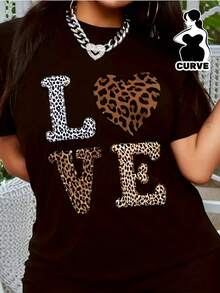 Women's Plus Size Leopard Print T-Shirt- Casual Summer Short Sleeve Round Neck Top, Machine Wash And Dry Clean, Black With Golden Trim, Loose Fit For Plus Size Fashion, Leopard Print Top, Plus Size Clothing - 黑色 - 查看 1