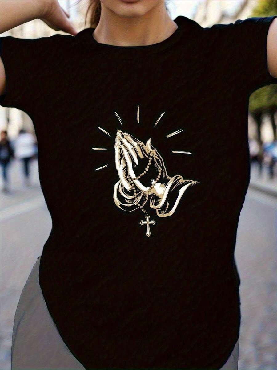 Women's Plus Size Soft T-Shirt With Gold Rosary Graphic Design - Short Sleeve, Crew Neck, Casual Religious Clothing, Machine Washable, Regular Fit, Black Casual Wear Top, Religious T-Shirts, Comfortable Fit T-Shirt, Faith Clothing, Breathable Material, Faith Shoppers - 黑色 - 查看 1