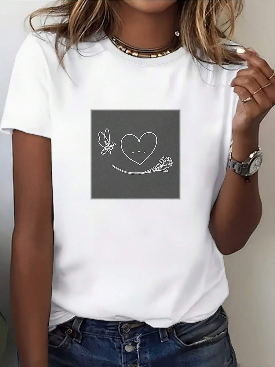 Camiseta Suave para Mujer - Diseño de Mariposa y Corazón, Perfecta para Regalos de San Valentín, Reuniones Familiares y Uso Casual - Blanco - Ver 1