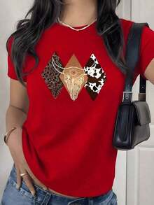 Comfortable Women's Western Desert Cow Skull Graphic Print T-Shirt, 1 Piece, Southeastern Boho Style, Casual, 100% Cotton, Vintage Style. Mexican Folk Art Bird And Flower T-Shirt | Mexican Bohemian Style | 100% Soft Cotton | Folk Art Design And Embroidery | Perfect For Vacation, Beach, And Parties. Loose Versatile Short Sleeve T-Shirt For Women - 黑色 - 查看 7