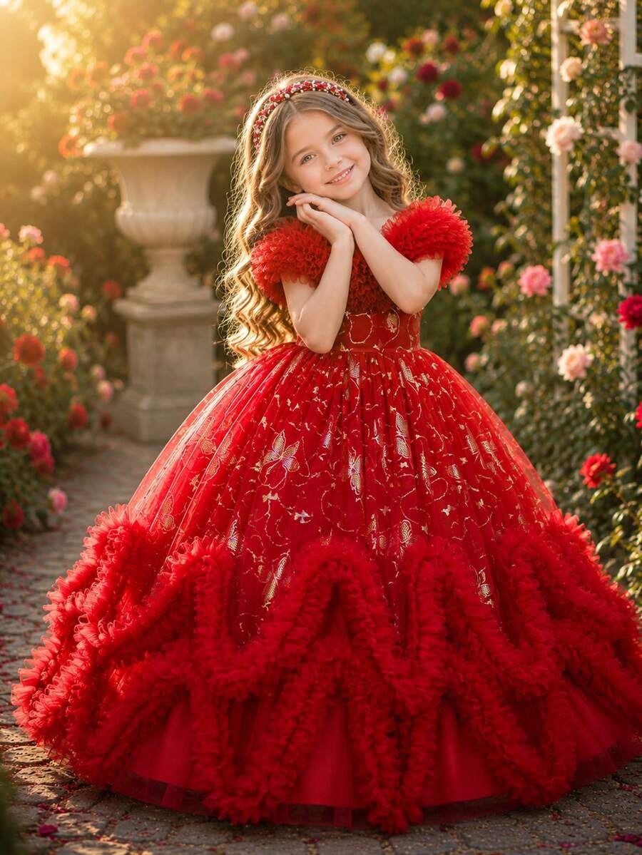 Rochie de petrecere cu volane cu sclipici, rochie de bal elegantă pentru fete tinere, rochie de prințesă pentru ocazie