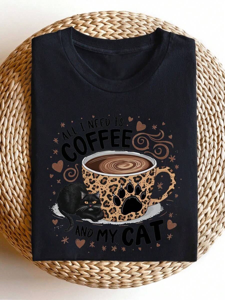 Taza de Café Estampado Leopardo Gato , Camiseta Casual de Manga Corta para Verano, Tejido Elástico de Peso Medio, Lavable a Máquina, Material Opaco, Corte Holgado