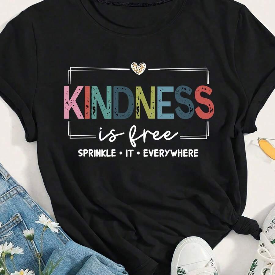 Camiseta de moda de verano para mujer con estampado colorido "KINDNESS" y gr£fico de eslogan "SPRINKLE IT EVERYWHERE", de 6.35 oz