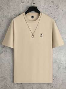 Men's Casual Short Sleeve Crew Neck Summer Print T-Shirt, Summer Streetwear Tee, Drop Shoulder Tee, Gifts For Boyfriend, Back To School, Graphic Tees HS3S - 卡其色 - 查看 4