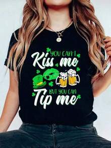 Lucky Shamrock T-Shirt For St. Patrick's Day For Waitresses, Hostesses And Waiters, Soft Short Sleeve Top For Women, Modern And Comfortable Graphic Tee, Breathable And Comfortable, Suitable For All Seasons, Short Sleeve Round Neck Top, Blouses For Women, Casual Blouses For Women, Tops For Women, Unisex. - 黑色 - 查看 6