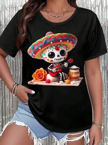 White Short-Sleeved T-Shirt With A Colorful Mexican Skull Print Playing Guitar And Wearing A Hat, Perfect For Casual Wear And Festival Outfits. - 黑色 - 查看 6