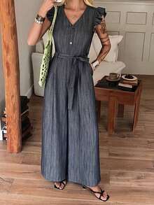 Mono de mujer con cuello en V sin mangas, con volantes, cintura ceñida, pierna recta holgada, estilo casual de ciudad y vacaciones - Gris - Ver 2
