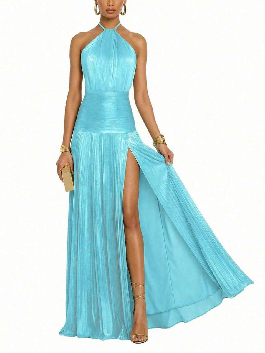 Vestido ajustado cuello halter espalda descubierta cintura marcada elegante primavera 2026 - lago azul - Ver 1