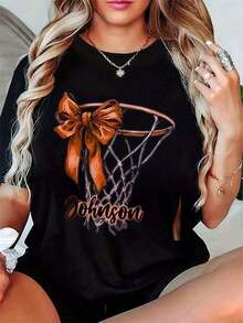 Basketball Print T-Shirt, Basketball Mom, Basketball Silhouette, Basketball Tee – Breathable And Comfortable For Everyday Wear Or Lounging – Ideal Gift For Friends And Family. Loose Fit, Casual And Versatile T-Shirt - 黑色 - 查看 1