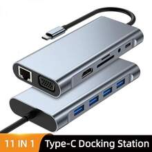 11合1 USB-C 3.0 Type-C扩展坞分线器，支持4K VGA、RJ45以太网、SD/TF读卡器、USB 3.0 87W PD快充和3.5mm AUX音频输入 - 查看 2