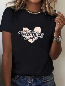 Women's Cotton Casual Short Sleeve T-Shirt With Round Neck, Heart And Pencil Design, % Cotton, For Teacher's Day. Black Blend. Perfect Gift For Teachers And Students. Women's Blouses Shirt - 黑色 - 查看 1