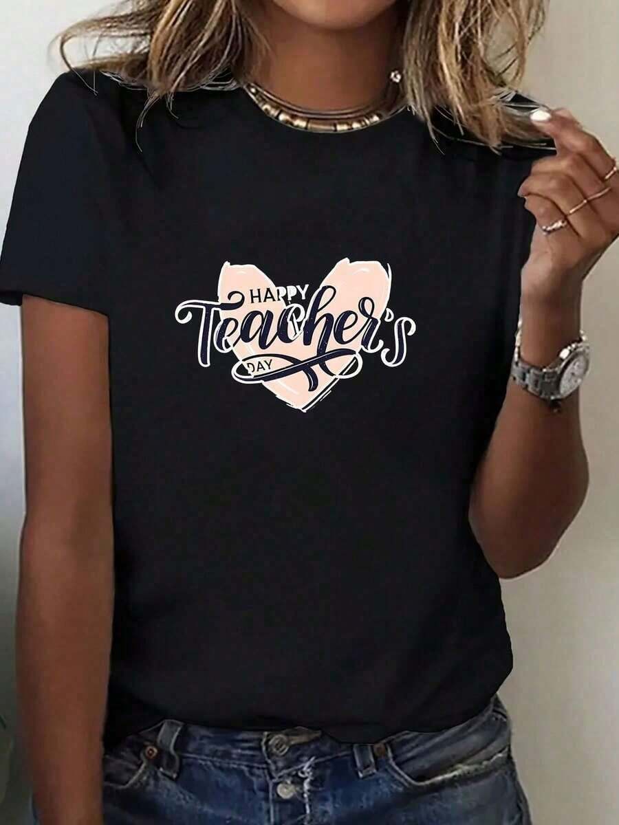 Women's Cotton Casual Short Sleeve T-Shirt With Round Neck, Heart And Pencil Design, % Cotton, For Teacher's Day. Black Blend. Perfect Gift For Teachers And Students. Women's Blouses Shirt - 黑色 - 查看 1