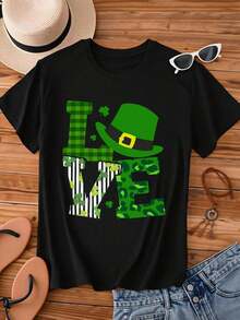 Women's Crew Neck T-Shirt With Leprechaun Hat And Shamrock Print To Celebrate St. Patrick's Day - 黑色 - 查看 2