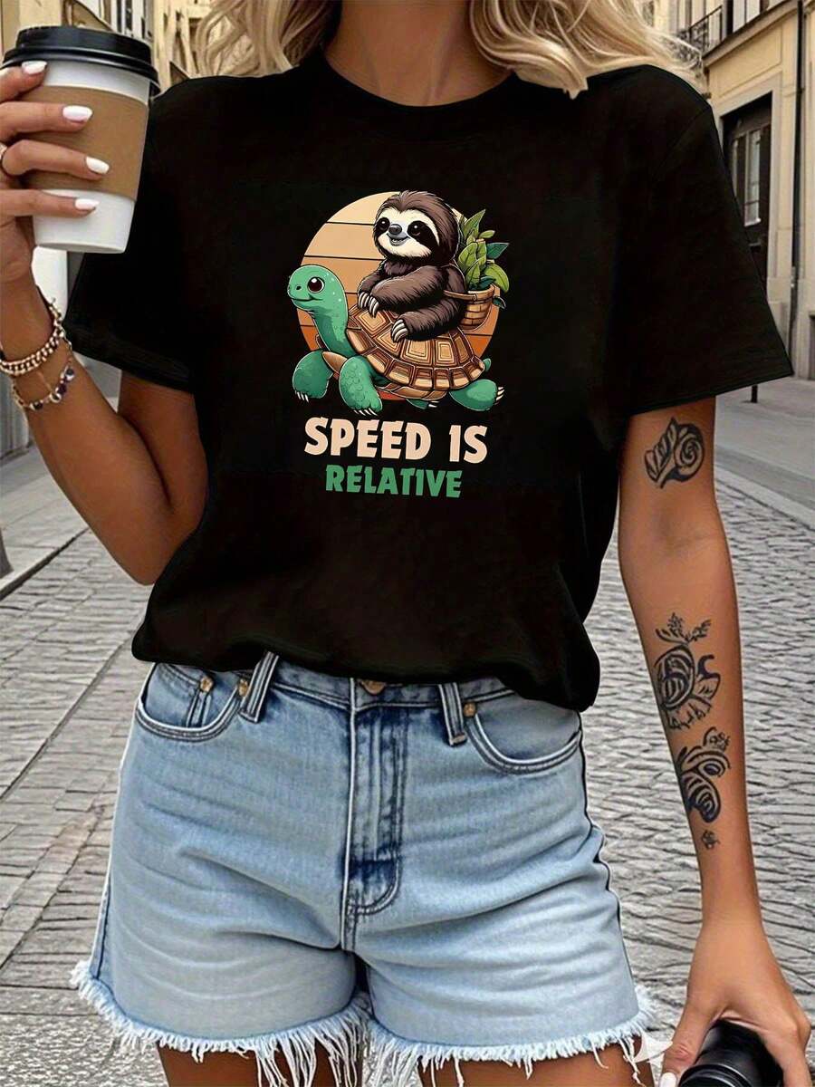 Camiseta de mujer, estilo lindo y divertido con el estampado "LA VELOCIDAD ES RELATIVA", camiseta de manga corta con cuello redondo para primavera-verano, adecuada para compras informales, regalos de vacaciones, reuniones con amigos, fiestas de música y ropa de vacaciones. - Negro - Ver 1