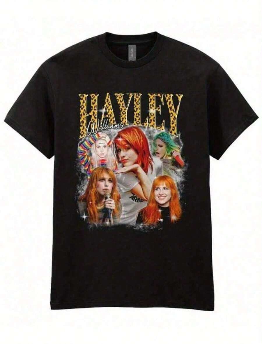1 Printed T-Shirt, Cotton Graphic T-Shirts, Hayley Williams Graphic T-Shirt - Gothic Emo Punk Band T-Shirt With Vibrant And Colorful Print, Crew Neck, Regular Fit, Black T-Shirt, Y2K, 180g 100% Cotton T-Shirt. - 黑色 - 查看 1
