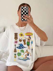 1 Piece Of Women's Hawaii Print T-Shirt - Casual Loose Fit, Short Sleeve, Round Neck, Medium Elasticity, Machine Washable, Casual Top For Women, Unique Design, Fashionable T-Shirt For Spring And Summer, 180g 100% Cotton. - 白色 - 查看 7