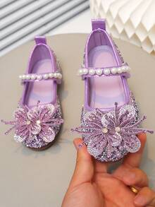 Girls' Princess Style Crystal Soft Bottom Shoes, Bow & Pearl Decor, Versatile For Spring, Summer, Autumn Daily Wear, School, Commute - Purple - View 5