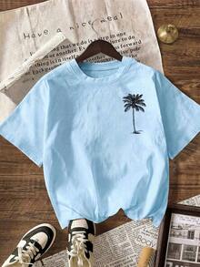 Women's Short-Sleeved T-Shirt With Round Neck And Palm Print, Summer Beachwear For Vacation. - 天藍色 - 查看 3