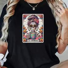 Women's T-Shirt With Vintage Mexican Skull Print, Day Of The Dead Style, Loose Fit, Modern And Fashionable Short Sleeve Top With Unique Artistic Design For Women. - 黑色 - 查看 7