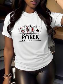 Women's T-Shirt, Casual Sports T-Shirt For Ladies, Round Neck T-Shirt, POKER, Poker Series T-Shirt, Game Theme Design, Modern Design, Party Wear, Comfortable Tops For All Seasons. - 白色 - 查看 12