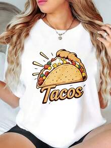 Women's T-Shirt With A Delicious Cartoon Taco Print, White, Round Neck And Short Sleeve, Suitable For All Seasons, Machine Washable, Ideal For Combining With Other Garments, Daily Wear, Casual Meetings, Women's Tops. - 白色 - 查看 8