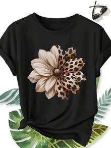 Women's Elegant Plus Size Short Sleeve Top, Half Leopard Print Half Dahlia Solid Pattern, Round Neck, Comfortable, Soft, Breathable, New Spring/Summer Short Sleeve Gift, Fashionable, Versatile, Retro Casual Style Travel Top - 黑色 - 查看 1