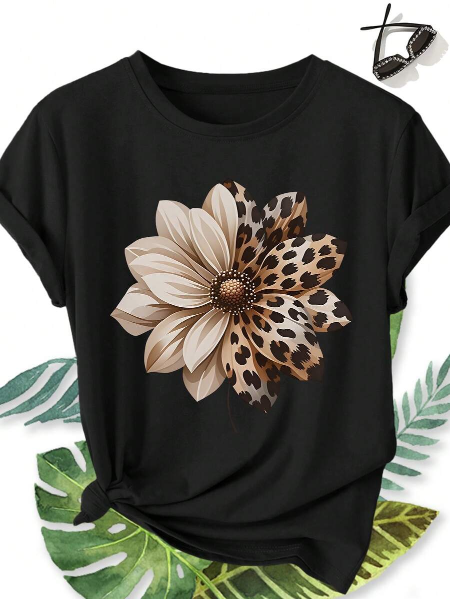 Women's Elegant Plus Size Short Sleeve Top, Half Leopard Print Half Dahlia Solid Pattern, Round Neck, Comfortable, Soft, Breathable, New Spring/Summer Short Sleeve Gift, Fashionable, Versatile, Retro Casual Style Travel Top - 黑色 - 查看 1