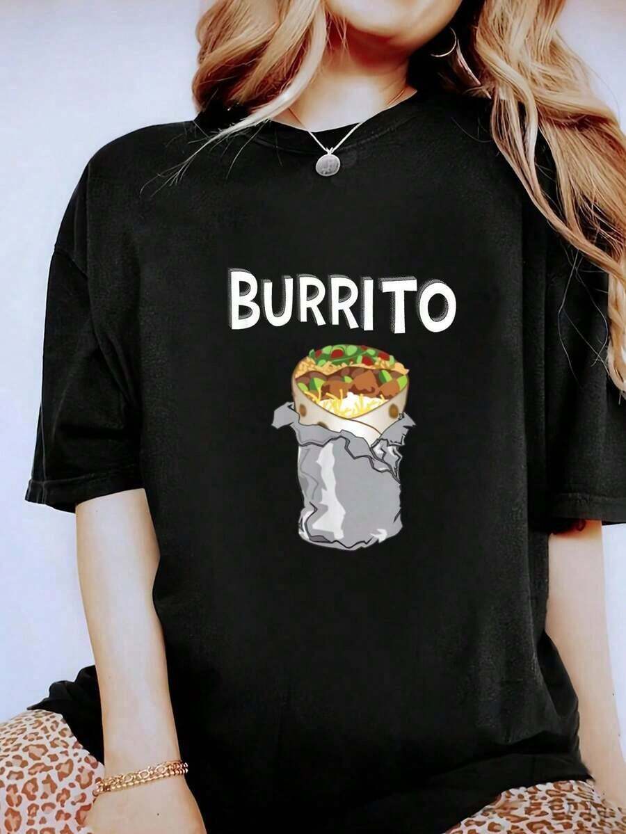 Camiseta Divertida con Dibujos Animados de Carne de Res y Burrito - Regalo de Comida Mexicana - Camiseta de Cuello Redondo Transpirable y Cómoda para Mujer - Negro - Ver 1