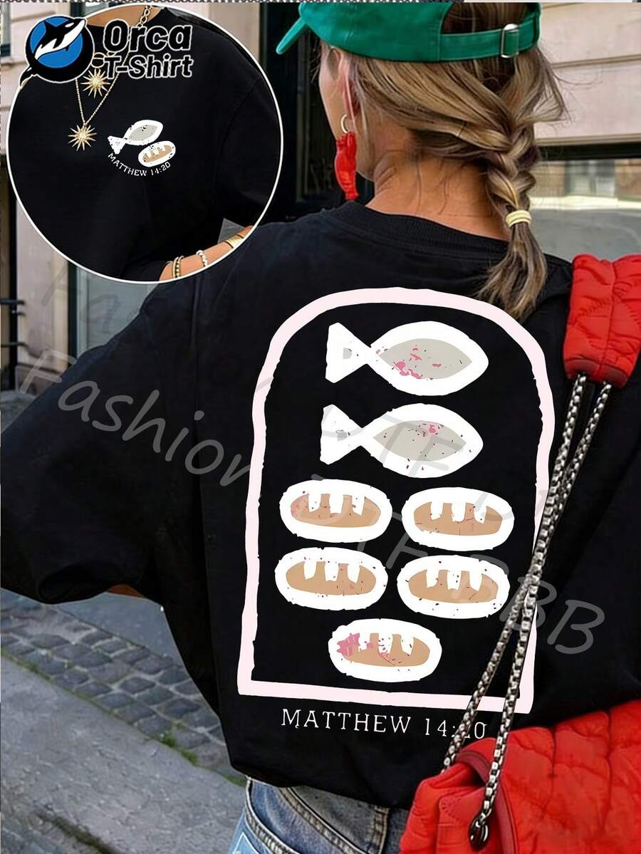 Camiseta de verano premium para mujer con estampado del patrón "Cinco Panes y Dos Peces" de Mateo 14, elegante camiseta 100% algodón, top casual para mujer, manga corta estilo Y2k, cuello redondo holgado de verano, lavable a máquina, adecuada para salidas casuales y religiosas. - Negro - Ver 1